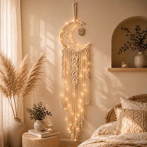 May include: A crescent moon-shaped macrame wall hanging made of off-white cord, featuring a woven web pattern, dangling fringe, and a small wooden owl charm. The piece is illuminated by integrated warm white string lights hanging vertically.