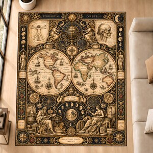Peut inclure: Un tapis rectangulaire orné d'une carte du monde au style ancien dans des tons crème, or et bleu foncé. Le motif comprend des diagrammes célestes, des croquis anatomiques, des figures mythologiques et le texte latin Terrarum Orbis et Sic Itur Ad Astra.