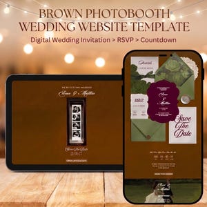 Brown Photo Booth Wedding Website Template | Canva Save the Date Website with RSVP & Countdown | Digital Wedding Invitation