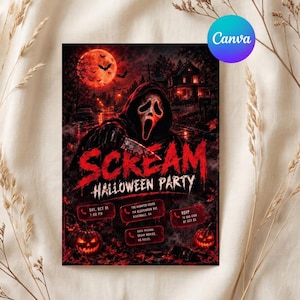 Op de afbeelding: Een rechthoekige Halloween-feestuitnodiging met een figuur in een kap met een wit masker die een mes vasthoudt. De achtergrond toont een donker huis, een rode maan en vleermuizen. De tekst luidt: SCREAM HALLOWEEN PARTY, SAT, OCT 31, 7:00 PM.