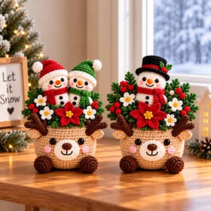 Gehäkelter Weihnachtsblumentopf, Schneemann-Rentier-Weihnachtsdeko, handgefertigtes Weihnachtsgeschenk, festliche Tischdekoration aus gehäkelter Pflanze
