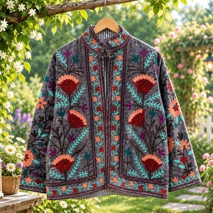 Könnte beinhalten: Eine anthrazitfarbene Steppjacke mit Stehkragen und langen Ärmeln. Das Kleidungsstück ist mit lebendigen Blumenstickereien in Dunkelrot, leuchtendem Orange und Türkis verziert, die in vertikalen Mustern auf den Vorderteilen angeordnet sind.