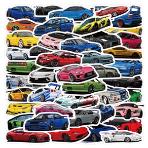 May include: A collection of various sports car stickers featuring diverse models in colors including blue, red, yellow, pink, green, white, and black. The assortment displays multiple vehicle designs, including coupes and supercars, in a collage layout.