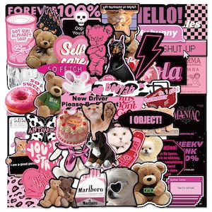May include: A collection of assorted stickers featuring pink and black themes, including teddy bears, cats, dogs, a doughnut, a birthday cake, a flip phone, and various text elements like "I OBJECT!", "SHUT UP", and "New Driver Please Be Patient".