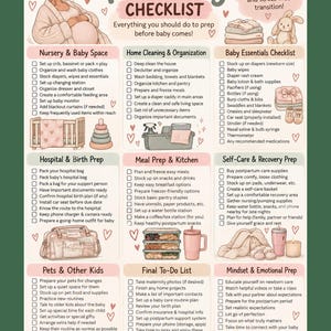 May include: A Nesting Pregnancy Checklist infographic featuring nine categorized sections with checkboxes. It includes illustrations of a pregnant person, a crib, baby supplies, a hospital bag, meal containers, and pets, with text detailing preparation tasks.