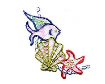 Seashell - Starfish - Fish - Beach - Ocean - Tropical - Shimmering Embroidered Iron On Applique Patch