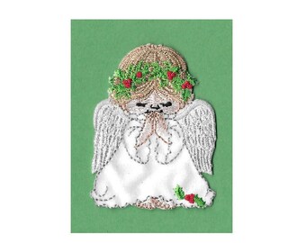 Angel - Praying - Christmas - Holly - Embroidered Iron On Applique Patch