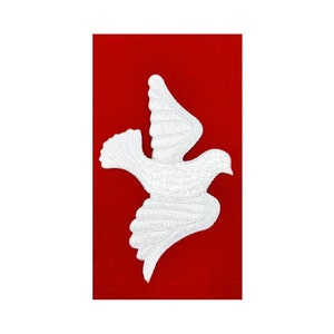 May include: A white dove in flight, rendered in a textured style, against a vibrant red background. The bird's wings are spread, showcasing detailed feather patterns. The image has a simple, yet striking design.