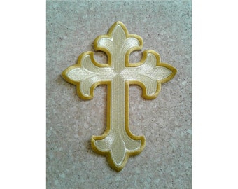 Fleur Cross - Vestment-Embroidered Gold Metallic W/Gold Rayon Edge Iron On Patch - 8"H