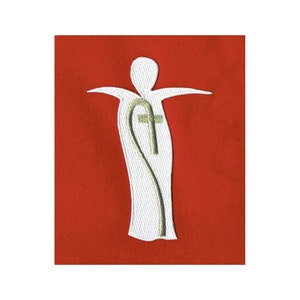 May include: White embroidered patch on a red background depicting a stylized figure with a staff and cross. The figure is wearing a long robe and has outstretched arms.