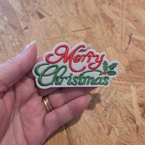 Merry Christmas - Text - Holly - Embroidered Iron On Patch - Holiday Crafts