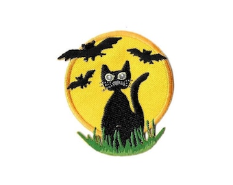 Gato Negro - Luna Llena - Halloween - Murciélago - Hierro Bordado en Parche