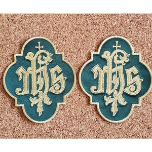 IHS - Iota-Eta-Sigma Christogram W/ Latin Cross - Vestment - Embroidered Iron On Applique Patch - Green/Gold - 4&quot; High - SET OF 2