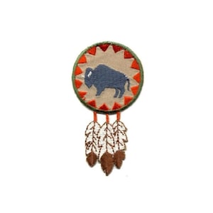 Buffalo - Southwestern Round W/Feathers Embroidered Iron On Applique Patch