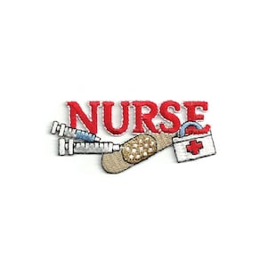 May include: Red embroidered patch with the word "NURSE" and medical imagery including a bandage, a syringe, and a first aid kit.