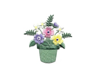 ID 7048 Planter Colorful Flowers Patch Garden Potted Embroidered IronOn Applique