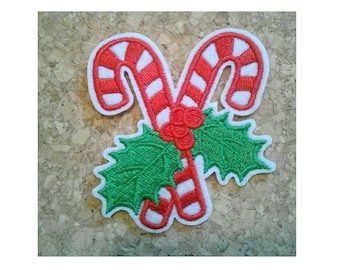 Candy Cane - Holly - Christmas - Crafts - Embroidered Iron On Applique Patch 2RD