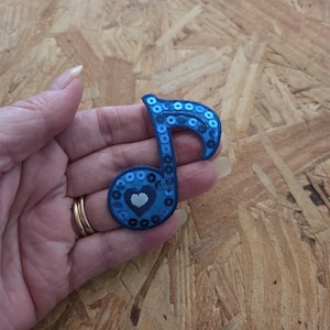 Music - Musical - Single Note - School - Band - Blue - Crafts - DJ - Sequins - Iron On Patch