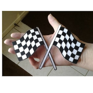 Racing - Checkered Crossed Flags - 6&quot; Wide - Iron On Patch - Racing Theme  - EXCELLENT QUALITY