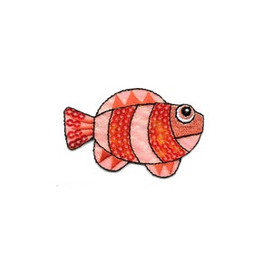 May include: A cartoon-style red and orange fish with a white stripe and a single black eye.