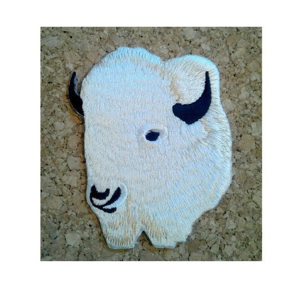 Buffalo - White Buffalo Head - Bison -- Embroidered Iron On Patch - Left - 3 5/8"H