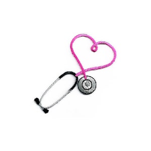 May include: A pink stethoscope shaped like a heart, with a silver and black stethoscope head.