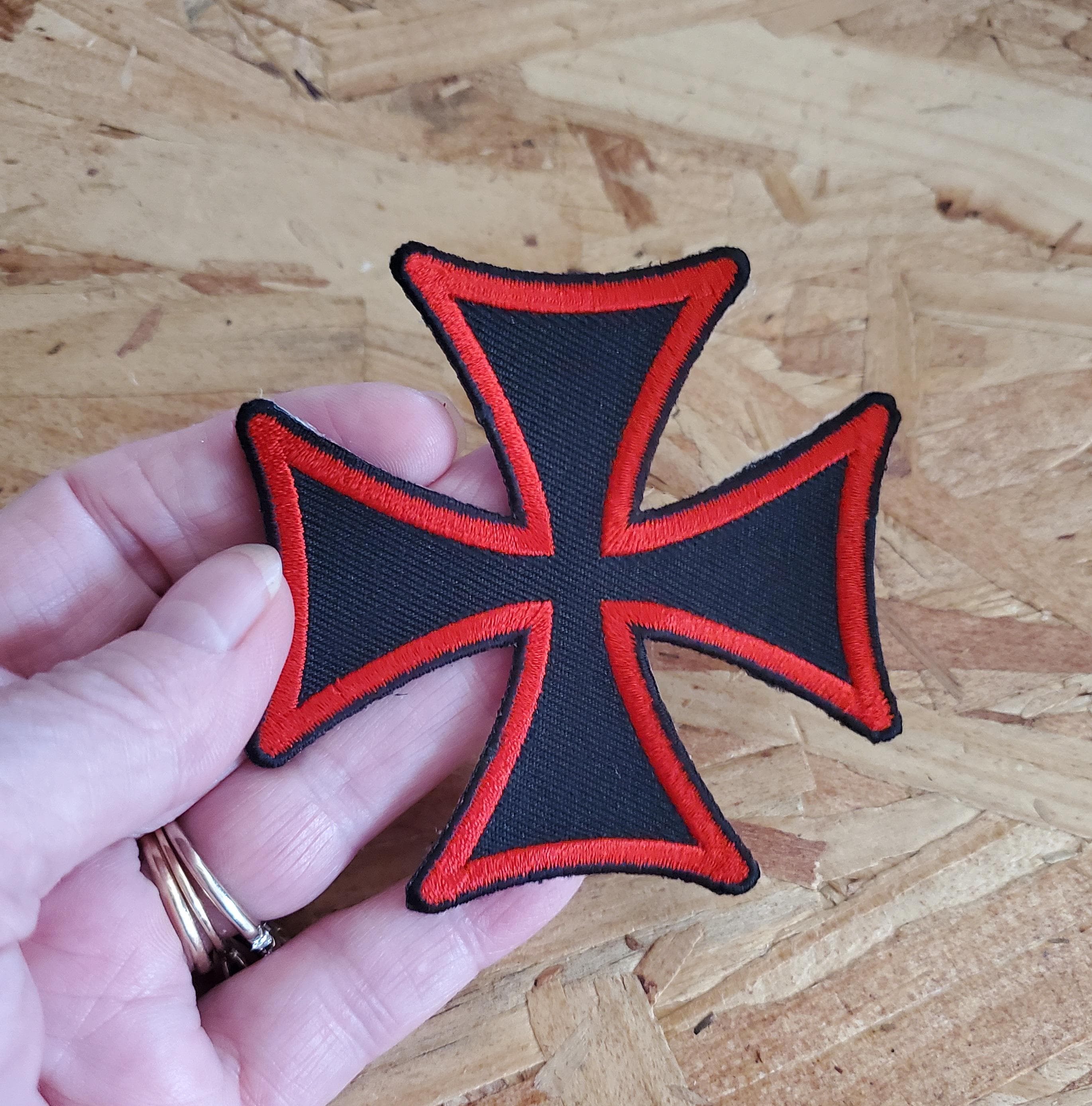 Celtic - Maltese Cross - Biker - Black & Red - Iron on Badge Patch
