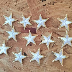 ONE DOZEN - 12 - Stars White/Gold Metallic - School - Hats - Banners - Flags - Iron On Patches - Crafts - Costumes  1 5/8&quot;