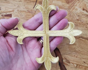 Cross - Greek Cross Fleur - Vestments - Stoles - Altar -Banners - Christian - Embroidered Gold Metallic Iron On Patch - 5"