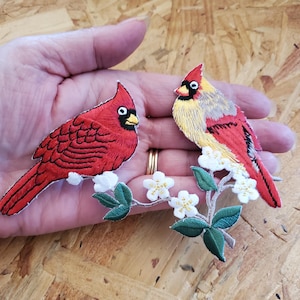 Cardinal - Bird - Cardinal Couple On Branch - Embroidered Iron On Applique Patch - Bird Watching