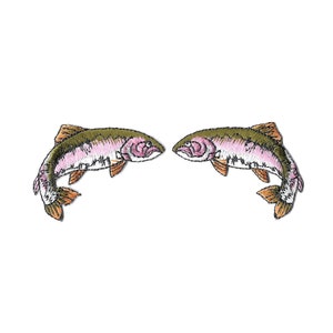 May include: Two embroidered patches of rainbow trout facing each other. The fish are green, pink, and orange.