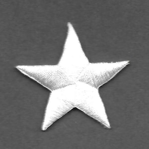 May include: White embroidered star patch. The star is a five-pointed star with a white satin finish.