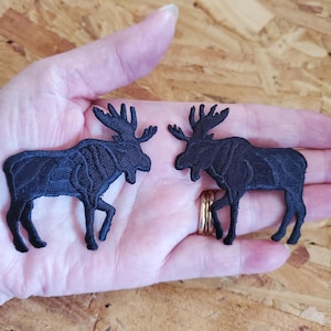 Moose - Wild Animal - Hunting - Alaska - Canada - Crafts - Black Embroidered Iron On Patch - Set Of 2