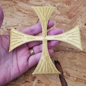 Gold Metallic Cross - Greek Cross Pattée - Christian - Altar - Vestments - Stoles -  Embroidered Iron On Patch - 4 7/8&quot;