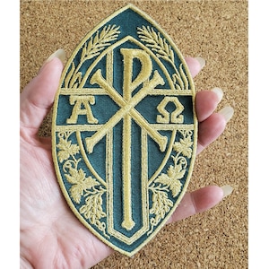 Chi-Rho Christogram - Alpha and Omega - Stoles - Clergy - Iron On Patch - Green & Gold -  6"H