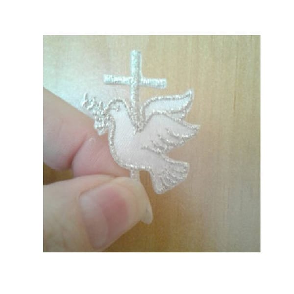 Dove W/Cross - Holy Spirit - Silver/White - Face Masks - First Communion - Baptism - Confirmation - Embroidered Iron On Applique Patch