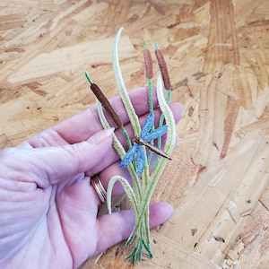 Cattail W/Dragonfly - Bulrush - Reedmace - Pond -Embroidered Iron On Patch - 6"H - Crafts