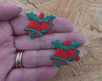 Christmas Bells - Holly - Embroidered Iron On Applique Patch - Crafts - Set Of 2