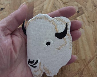Buffalo - White Buffalo Head - Bison -- Embroidered Iron On Patch - Left - 3 5/8"H