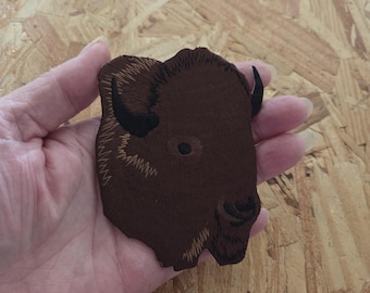 Buffalo - Brown Buffalo Head - Bison - Embroidered Iron On Patch - Right - 3 5/8"H