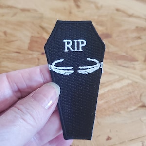 Coffin - Casket - Skeleton - Halloween - Gothic - Grave - RIP - Embroidered Iron On Patch B