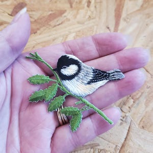 Chickadee - Bird - Bird Watching - On A Branch - Embroidered Iron On Patch - Crafts - Left