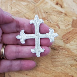 Cross - Greek Cross Fleur - Vestments - Stoles - Altar -Banners - Christian - Embroidered Silver Metallic Iron On Patch - 2&quot; - Crafts