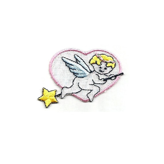 Name Angel Embroidered Iron On Applique Patch Pink Heart