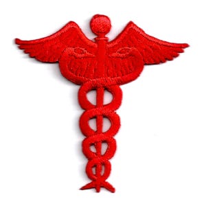May include: Red embroidered medical symbol patch with a snake wrapped around a staff with wings.