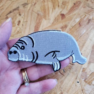 Manatee - Sea cow - Aquatic - School - Gray - Embroidered Iron On Applique Patch - Crafts - Left