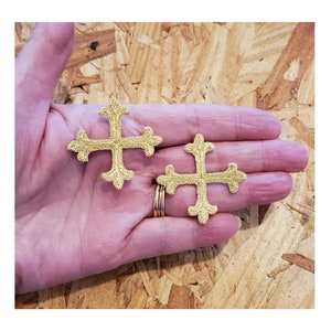 Cross - Greek Cross Fleur - Vestments - Stoles - Altar -Banners - Christian - Embroidered Gold Metallic Iron On Patch - 1 1/2&quot; - Set of 2