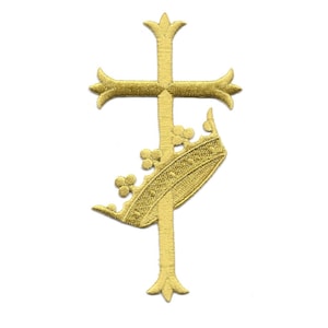Cross - Cross W/Crown - Liturgical - Vestment - Church  - Choir Stoles - Embroidered Iron On Applique Patch - LT2883C Gold Rayon