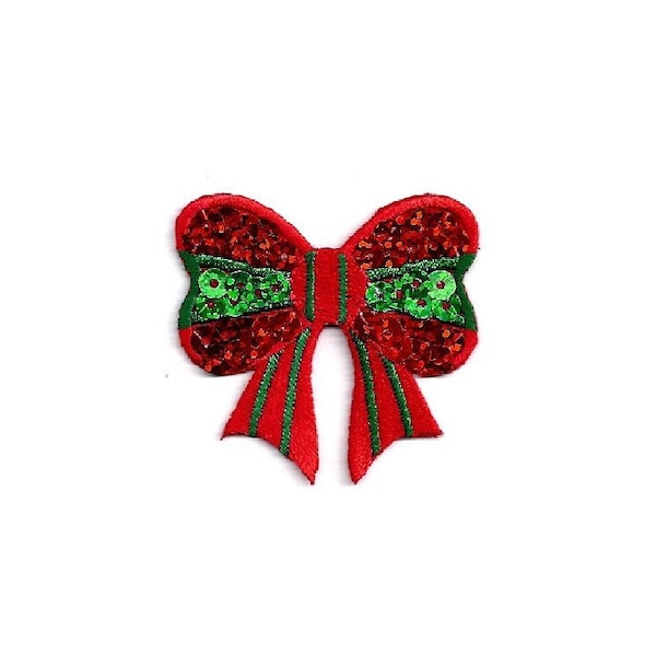 Bow - Christmas Bow - Sequin Embroidered Iron On Applique Patch