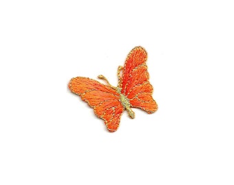 Butterfly - Insect - Orange/Metallic Gold - Embroidered Iron On Patch Mask Crafts